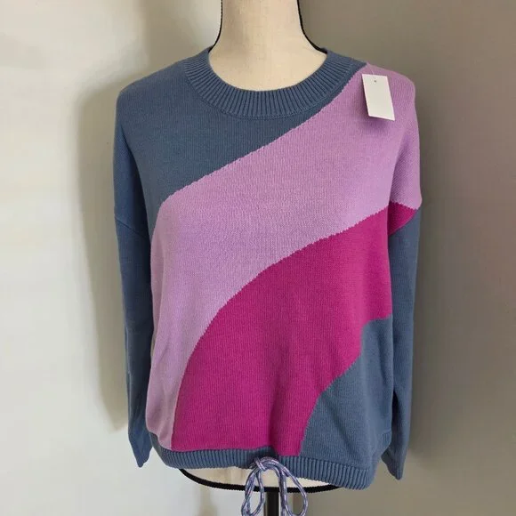 Lou & Grey Colorblock Sweater Womens Small Gray Pink Drawstring Relax Slouchy - Picture 2 of 7